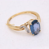 Natural Blue Sapphire Gemstone With Diamond 14k Yellow Gold Ring