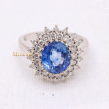 Elegant Natural Blue Sapphire Gemstone With Diamond 14k White Gold Ring