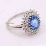 Elegant Natural Blue Sapphire Gemstone With Diamond 14k White Gold Ring