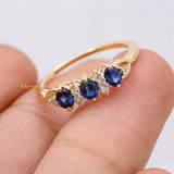 Three Stone Natural Blue Sapphire Gemstone With Diamond 14k Yellow Gold Ring