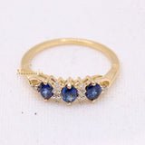 Three Stone Natural Blue Sapphire Gemstone With Diamond 14k Yellow Gold Ring