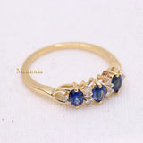 Three Stone Natural Blue Sapphire Gemstone With Diamond 14k Yellow Gold Ring