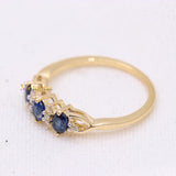 Three Stone Natural Blue Sapphire Gemstone With Diamond 14k Yellow Gold Ring