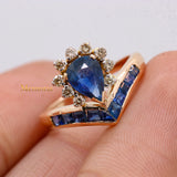 Natural Blue Sapphire Gemstone With Diamond 14k Rose Gold Unique Ring