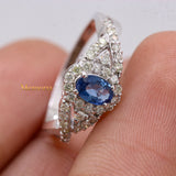 Stunning Natural Blue Sapphire Gemstone With Diamond 14k White Gold Ring