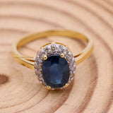 Natural Blue Sapphire Gemstone With Diamond 14k Yellow Gold Ring