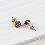 Natural Ruby & Diamond Halo Stud Earrings Rose Gold Plated Classic Gemstone Earrings