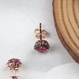Natural Ruby & Diamond Halo Stud Earrings Rose Gold Plated Classic Gemstone Earrings