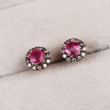 Natural Ruby & Diamond Halo Stud Earrings Rose Gold Plated Classic Gemstone Earrings