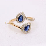 Bypass Natural Blue Sapphire Gemstone With Diamond 14k Yellow Gold Ring