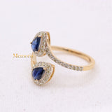 Bypass Natural Blue Sapphire Gemstone With Diamond 14k Yellow Gold Ring