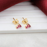 Gold Plated Ruby Stud Earrings Natural Dainty Three Stone Cluster Design