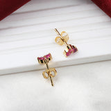 Gold Plated Ruby Stud Earrings Natural Dainty Three Stone Cluster Design