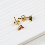 Gold Plated Ruby Stud Earrings Natural Dainty Three Stone Cluster Design