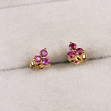 Gold Plated Ruby Stud Earrings Natural Dainty Three Stone Cluster Design