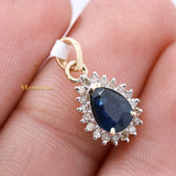 Natural Blue Sapphire Gemstone With Diamond Pendant 14k Yellow Gold