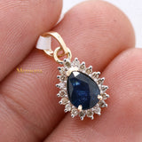 Natural Blue Sapphire Gemstone With Diamond Pendant 14k Yellow Gold