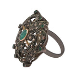 Natural Emerald Gemstone and Diamond 925 Sterling Silver Gold Plated Black Rhodium Ring