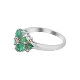 Floral Shaped Natural Emerald Gemstone and Diamond 925 Sterling Silver Ring