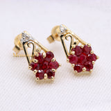 Natural Ruby Gemstone With Diamond 14k Yellow Gold Floral Earring