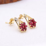 Natural Ruby Gemstone With Diamond 14k Yellow Gold Floral Earring