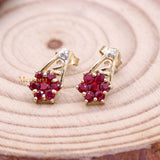 Natural Ruby Gemstone With Diamond 14k Yellow Gold Floral Earring