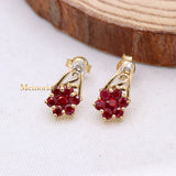 Natural Ruby Gemstone With Diamond 14k Yellow Gold Floral Earring