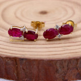 Natural Ruby Gemstone With Diamond 14k Yellow Gold Earring