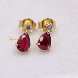 Natural Ruby Gemstone With Diamond 14k Yellow Gold Pear Shaped Earring