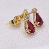 Natural Ruby Gemstone With Diamond 14k Yellow Gold Pear Shaped Earring