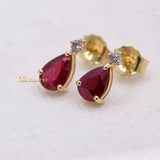 Natural Ruby Gemstone With Diamond 14k Yellow Gold Pear Shaped Earring