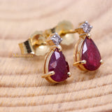 Natural Ruby Gemstone With Diamond 14k Yellow Gold Pear Shaped Earring