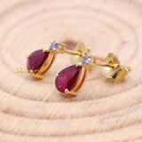 Natural Ruby Gemstone With Diamond 14k Yellow Gold Pear Shaped Earring