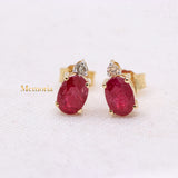 Natural Ruby Gemstone With Diamond 14k Yellow Gold Stud Earring