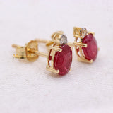 Natural Ruby Gemstone With Diamond 14k Yellow Gold Stud Earring