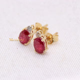 Natural Ruby Gemstone With Diamond 14k Yellow Gold Stud Earring