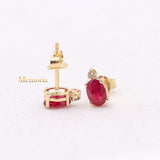 Natural Ruby Gemstone With Diamond 14k Yellow Gold Stud Earring