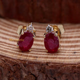 Natural Ruby Gemstone With Diamond 14k Yellow Gold Stud Earring