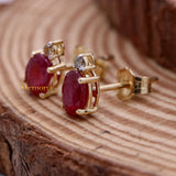 Natural Ruby Gemstone With Diamond 14k Yellow Gold Stud Earring