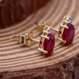 Natural Ruby Gemstone With Diamond 14k Yellow Gold Stud Earring