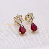 Natural Ruby Gemstone With Diamond 14k Yellow Gold Stud Earring