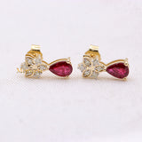 Natural Ruby Gemstone With Diamond 14k Yellow Gold Stud Earring