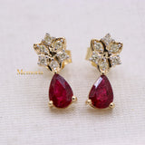 Natural Ruby Gemstone With Diamond 14k Yellow Gold Stud Earring