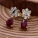 Natural Ruby Gemstone With Diamond 14k Yellow Gold Stud Earring