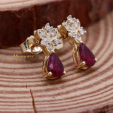 Natural Ruby Gemstone With Diamond 14k Yellow Gold Stud Earring