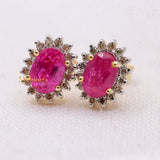 Natural Ruby Gemstone With Diamond 14k Yellow Gold Stud Earring