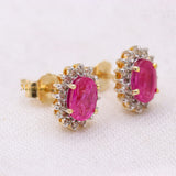 Natural Ruby Gemstone With Diamond 14k Yellow Gold Stud Earring