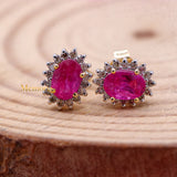 Natural Ruby Gemstone With Diamond 14k Yellow Gold Stud Earring