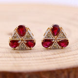 Natural Ruby Gemstone With Diamond 14k Yellow Gold Triangle Shaped Stud Earring