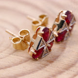 Natural Ruby Gemstone With Diamond 14k Yellow Gold Triangle Shaped Stud Earring